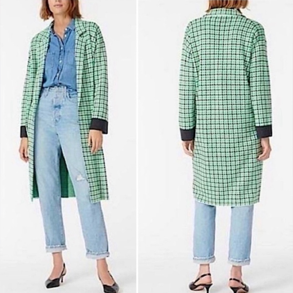 J Crew Ella Open Front Long Sweater Blazer Plaid, Green / Gray, Women’sMedium